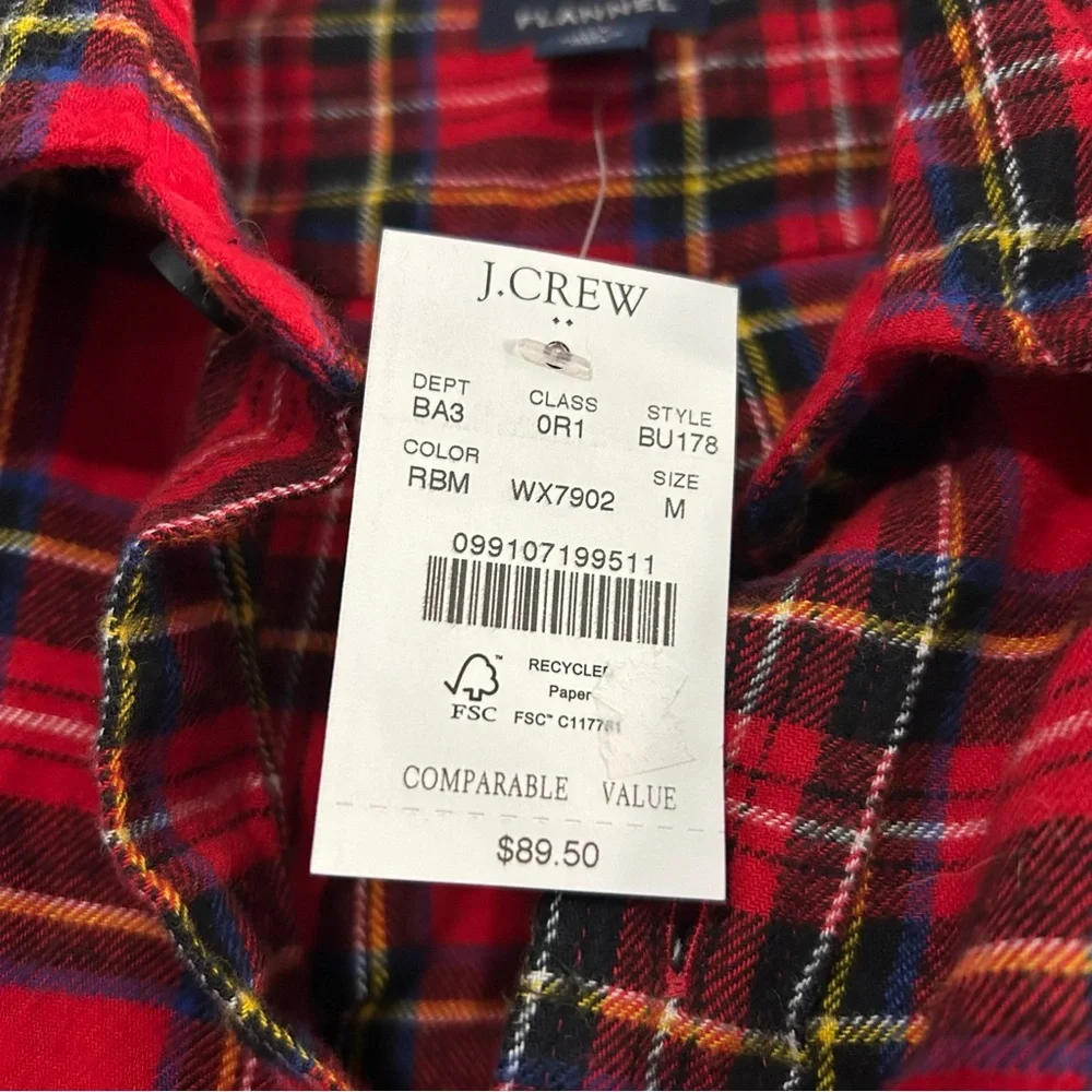 J. Crew men’s medium red plaid flannel button down 100% cotton Christmas NWT